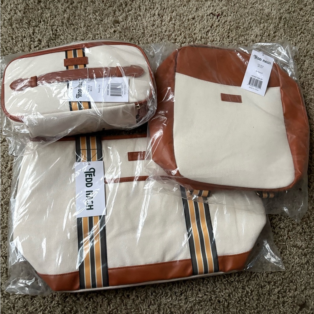 Cream and Brown Men's Duffel Bag